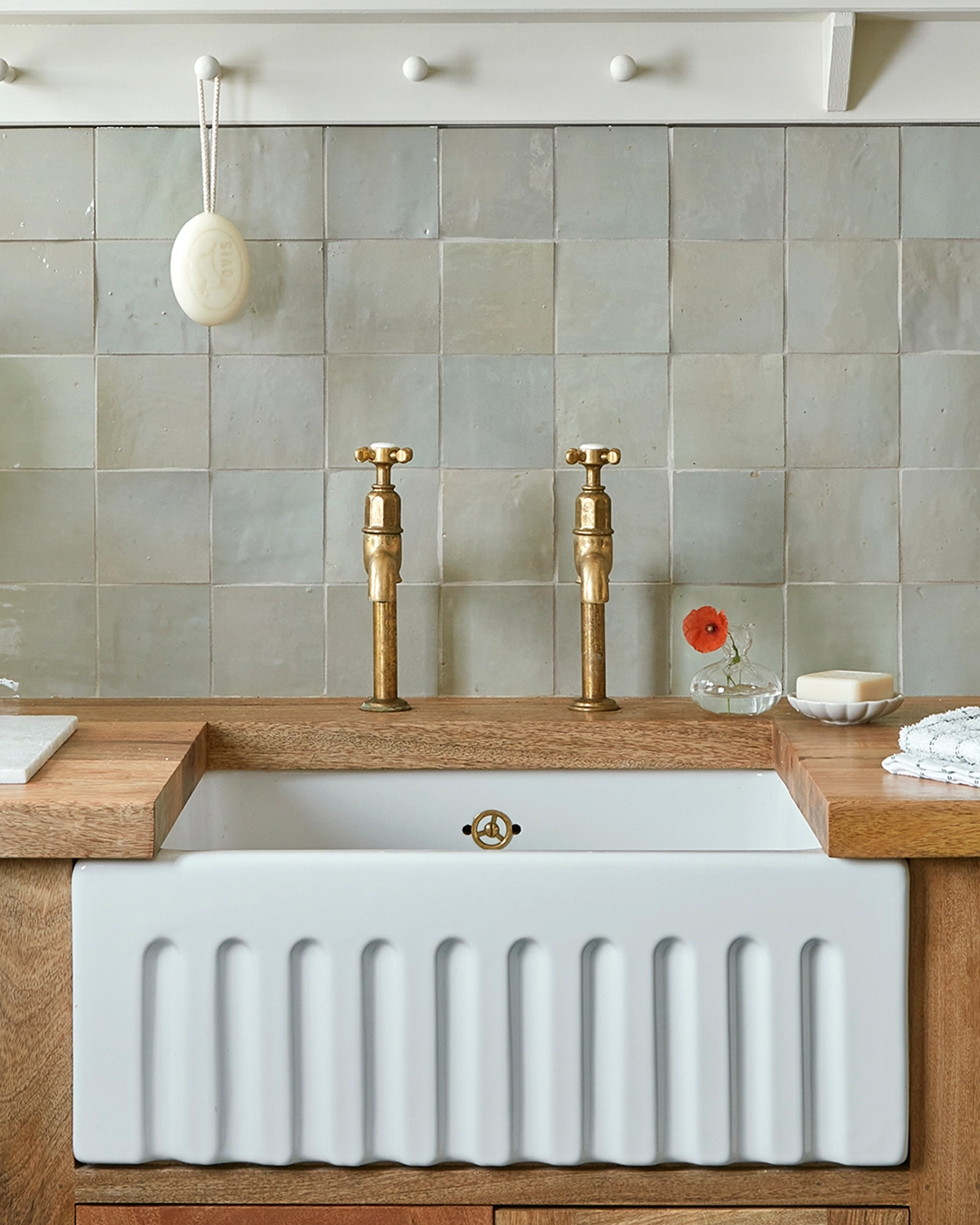 Zellige tile kitchen backsplash in light green